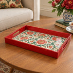 Ramadan & Eid al-Fitr Plastic Serving Tray – Peony Banded Rose Border plastic serving tray shown in a rectangular product view.