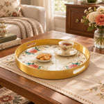 Ramadan & Eid al-Fitr Plastic Serving Tray – Peony Gold Scroll Cream plastic serving tray shown in a round styled scene.