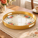 Ramadan & Eid al-Fitr Plastic Serving Tray – Peony Gold Scroll Cream plastic serving tray shown in a round product view.