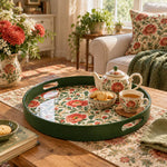 Ramadan & Eid al-Fitr Plastic Serving Tray – Peony Vine Dense Field plastic serving tray shown in a round styled scene.