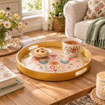 Valentine's Day Plastic Serving Tray – Gilded Border Love Birds plastic serving tray shown in a round styled scene.