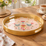 Valentine's Day Plastic Serving Tray – Gilded Border Love Birds plastic serving tray shown in a round product view.