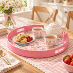 Valentine's Day Plastic Serving Tray – Love Script Folk Bird Field plastic serving tray shown in a round styled scene.