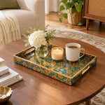 Ramadan Decorative Plastic Serving Tray – Teal Gold Floral full-print plastic serving tray shown in a styled room scene.
