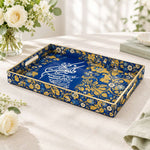 Ramadan Decorative Plastic Serving Tray – Blue Gold White Floral full-print plastic serving tray shown in a product view.