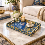 Ramadan Decorative Plastic Serving Tray – Blue Gold White Floral full-print plastic serving tray shown in a styled room scene.