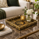 Ramadan Decorative Plastic Serving Tray – Black Tan Gold full-print plastic serving tray shown in a styled room scene.