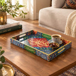 Ramadan Decorative Plastic Serving Tray – Blue Red Orange full-print plastic serving tray shown in a styled room scene.