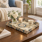 Ramadan Decorative Plastic Serving Tray – Cream Blue Medallion full-print plastic serving tray shown in a styled room scene.