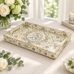 Ramadan Decorative Plastic Serving Tray – Cream Gold Scroll Script full-print plastic serving tray shown in a product view.