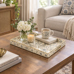 Ramadan Decorative Plastic Serving Tray – Cream Gold Scroll Script full-print plastic serving tray shown in a styled room scene.