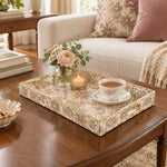 Ramadan Decorative Plastic Serving Tray – Cream Gold Allover full-print plastic serving tray shown in a styled room scene.