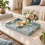 Ramadan Decorative Plastic Serving Tray – Blue Gold Red Medallion full-print plastic serving tray shown in a styled room scene.