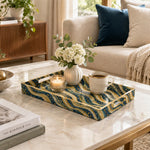 Daily Decorative Plastic Serving Tray – Indigo Gold Ikat Chevron full-print plastic serving tray shown in a styled room scene.
