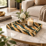 Daily Decorative Plastic Serving Tray – Charcoal Copper Ikat Waves full-print plastic serving tray shown in a styled room scene.