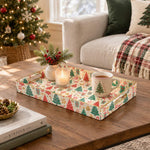 Christmas Decorative Plastic Serving Tray – Ivory Teal Tree Repeat full-print plastic serving tray shown in a styled room scene.