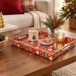 Christmas Decorative Plastic Serving Tray – Cranberry Mint Tree Repeat full-print plastic serving tray shown in a styled room scene.