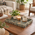 Daily Decorative Plastic Serving Tray – Indigo Camel Loom Panel full-print plastic serving tray shown in a styled room scene.