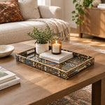 Daily Decorative Plastic Serving Tray – Charcoal Amber Aztec Band full-print plastic serving tray shown in a styled room scene.