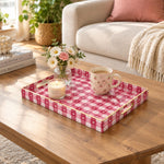 Valentine's Day Decorative Plastic Serving Tray – Berry Heart Gingham full-print plastic serving tray shown in a styled room scene.
