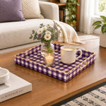 Valentine's Day Decorative Plastic Serving Tray – Violet Gold Hearts full-print plastic serving tray shown in a styled room scene.