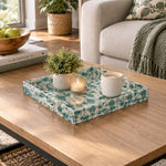 Ramadan Decorative Plastic Serving Tray – Ivory Emerald Lantern Drop transparent acrylic serving tray shown in a styled room scene.