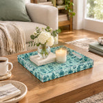 Ramadan Decorative Plastic Serving Tray – Mint Indigo Lantern Repeat transparent acrylic serving tray shown in a styled room scene.