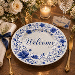 Delft Welcome Wedding Decorative Plastic Plate – Blue Floral full-print plastic serving tray shown in a styled room scene.