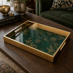 Emerald Mandala Glass Serving Tray – Golden Filigree glass serving tray shown in a product view.