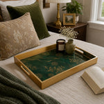 Emerald Mandala Glass Serving Tray – Golden Filigree glass serving tray shown in a second styled room scene.
