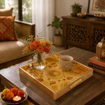 Gold Multi Mandala Diya Marigold Glass Serving Tray – Festival - MintiHome