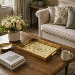 Damask Floral Daily Glass Tray – Cream Gold Blue Border - MintiHome