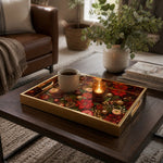 Gold Christmas Glass Tray with Red Roses, Poinsettia and Pinecones - MintiHome