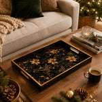 Black Christmas Glass Tray with Gold Poinsettia and Pinecones - MintiHome