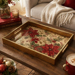 Crimson Ivory Poinsettia Christmas Glass Serving Tray with Gold Rim - MintiHome