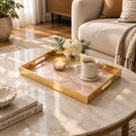 Daily Decorative Glass Serving Tray – Rose Quartz Blush glass serving tray shown in a first styled room scene.