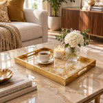 Daily Decorative Glass Serving Tray – Gilded Cream Stone glass serving tray shown in a second styled room scene.
