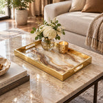Daily Decorative Glass Serving Tray – Taupe Agate Swirl glass serving tray shown in a first styled room scene.