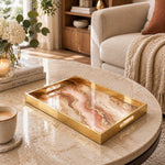 Daily Decorative Glass Serving Tray – Blush Agate Swirl glass serving tray shown in a first styled room scene.
