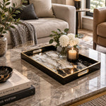 Daily Decorative Glass Serving Tray β Noir Marble Vein glass serving tray shown in a first styled room scene.