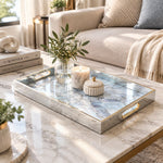 Daily Decorative Glass Serving Tray – Misty Blue Stone glass serving tray shown in a first styled room scene.