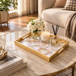 Daily Decorative Glass Serving Tray – Opaline Agate Wave glass serving tray shown in a second styled room scene.