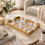 Daily Decorative Glass Serving Tray – Coastal Shell Assortment glass serving tray shown in a first styled room scene.