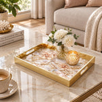 Daily Decorative Glass Serving Tray – Shell Blossom Bouquet glass serving tray shown in a first styled room scene.