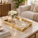 Daily Decorative Glass Serving Tray – Coastal Botanical Border glass serving tray shown in a first styled room scene.
