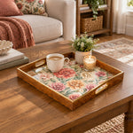 Wedding Decorative Glass Serving Tray – Ruffled Carnation Repeat glass serving tray shown in a first styled room scene.