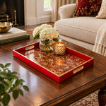 Wedding Decorative Glass Serving Tray – Baroque Damask Medallion glass serving tray shown in a second styled room scene.