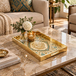 Ramadan Decorative Glass Serving Tray – Calligraphy Blossom Field glass serving tray shown in a first styled room scene.