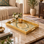 Ramadan Decorative Glass Serving Tray – Calligraphy Blossom Field glass serving tray shown in a second styled room scene.