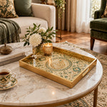 Ramadan Decorative Glass Serving Tray – Flowing Script Floral Ring glass serving tray shown in a first styled room scene.
